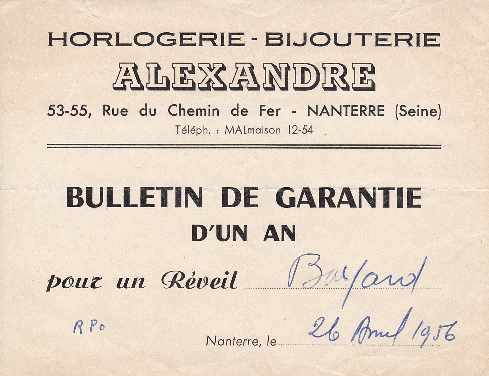 Horlogerie-bijouterie, Alexande, rue du Chemin-de-Fer, 1956